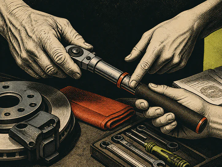 Editorial illustration of older and younger hands sharing automotive knowledge at a workbench.