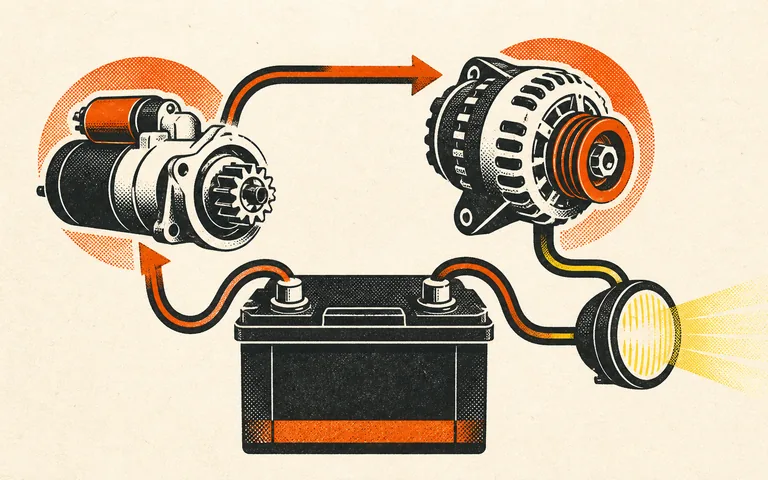 Editorial illustration of a battery, starter, alternator, and headlamp connected in a start-and-charge loop