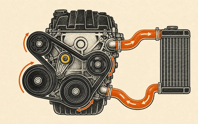 Editorial illustration of a serpentine belt transferring rotation across pulleys while separate hoses carry coolant between the engine and heat exchanger