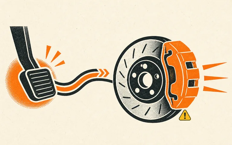 Editorial illustration of a brake pedal signal reaching a disc rotor and caliper to create stopping force