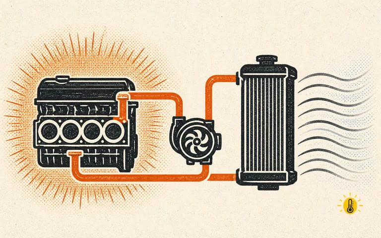 Editorial cooling loop showing heat moving from the engine through coolant, hoses, radiator, and airflow