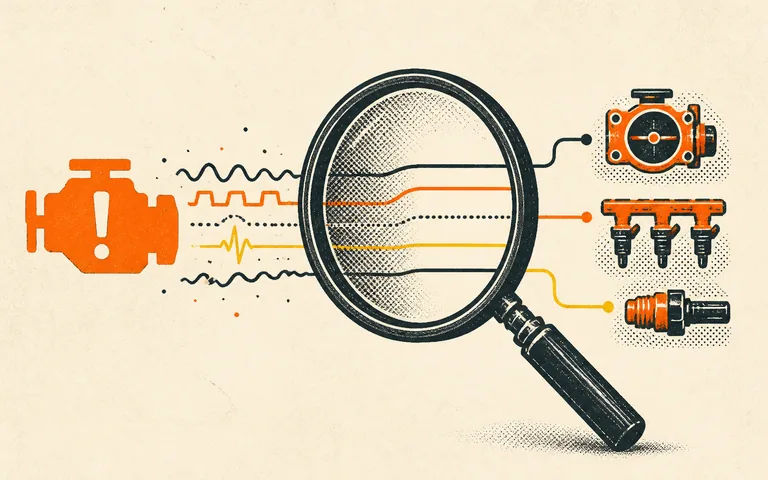 Editorial illustration of a dashboard warning passing through a magnifying lens toward several engine-system possibilities