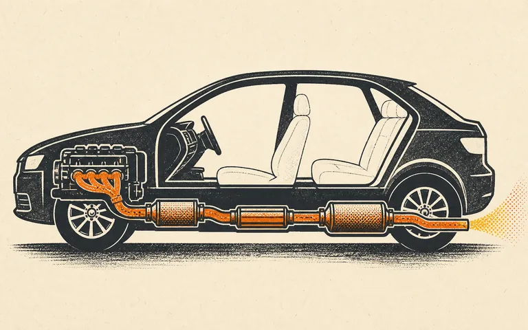Editorial side cutaway showing exhaust gases traveling from the engine through a closed underbody system and exiting behind the passenger cabin