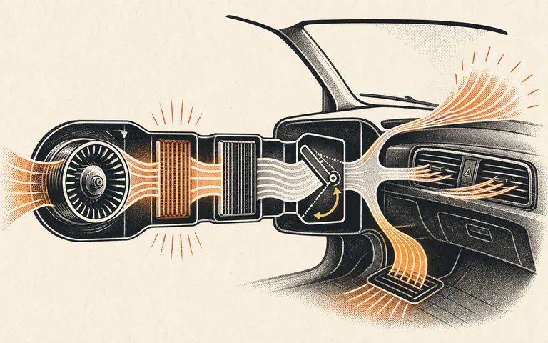 Editorial cutaway showing a blower moving air through temperature-control sections toward the windshield, dashboard, and floor vents
