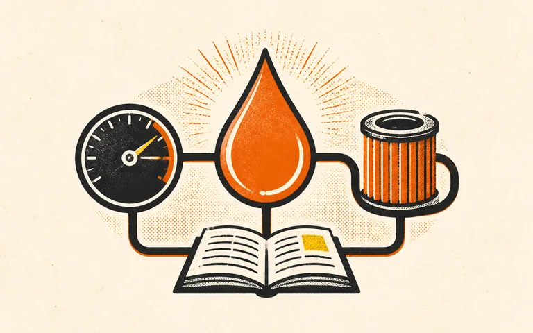 Editorial illustration connecting an odometer, oil drop, filter, and owner’s manual as parts of a vehicle-specific maintenance plan