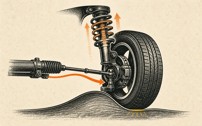 Editorial front-corner cutaway showing a tire following a road bump while the spring, damper, and steering link control wheel movement