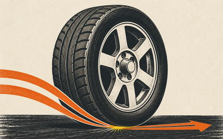 Editorial illustration of a tire, wheel, and hub rotating together as the tread meets the road at the contact patch
