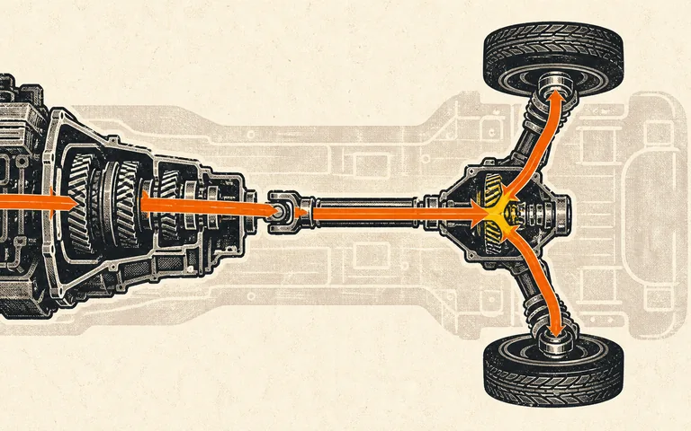 Editorial illustration of one power path from transmission gears through a driveshaft and differential to jointed axles and driven wheels